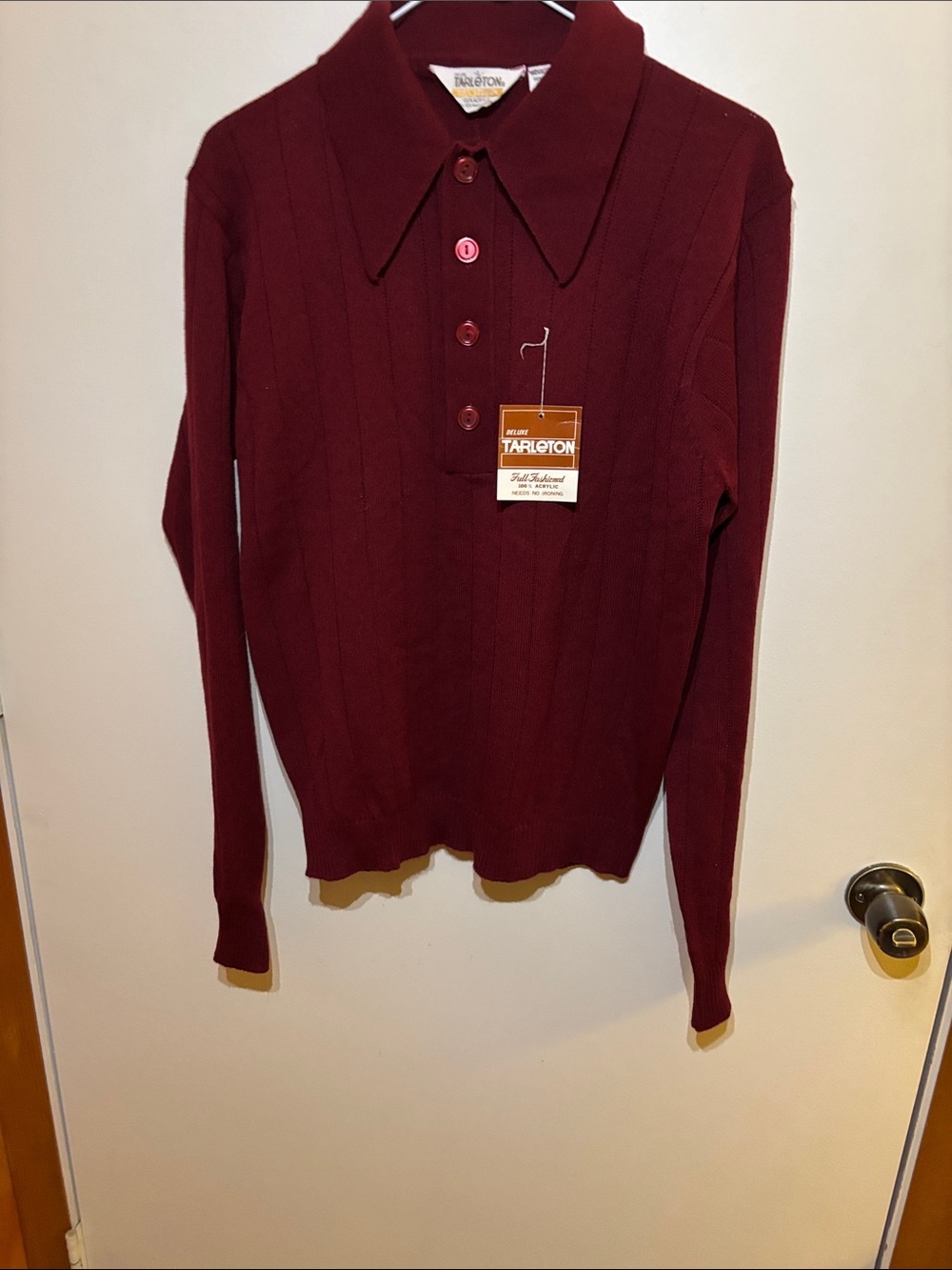 Vintage 70’s Men's Burgundy Long-Sleeve Polo Sweater Retro Look